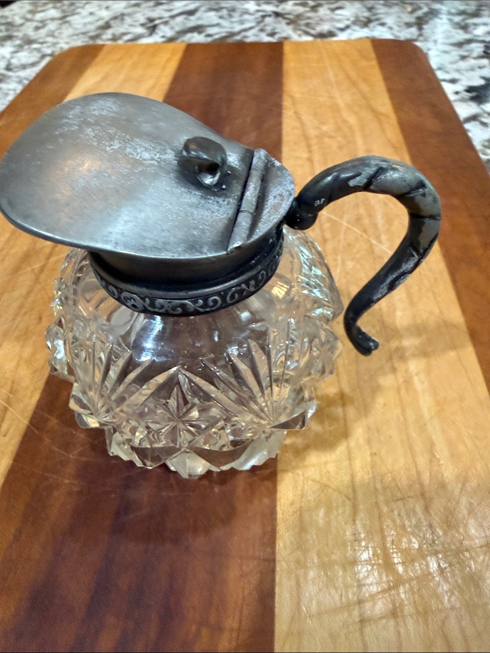 Cut Crystal Syrup Pitcher with Ornate Silver-Tone Lid and Handle